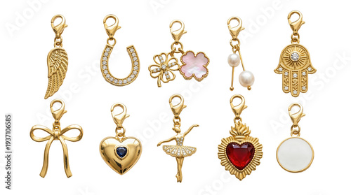 Elegant collection of symbolic gold charms with celestial hamsa hands, crystalline horseshoes and delicate ballerina motifs, personalized jewelry