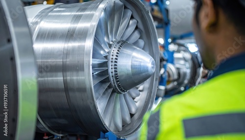 Turbine Efficiency: Aerospace engineer inspecting titanium turbine blade in maintenance area
