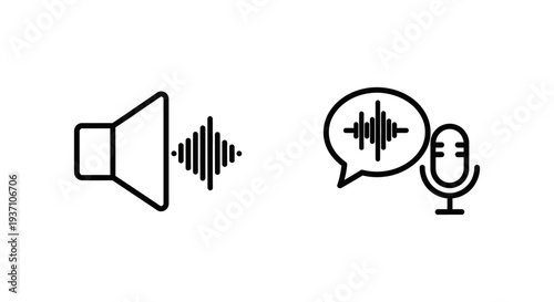 Icons depicting voice output via speaker and voice response with microphone and sound waves, for audio and communication concepts.