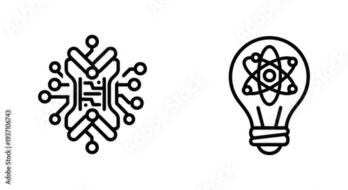 Icons representing quantum computing future and quantum innovation through a lightbulb with atom symbol.