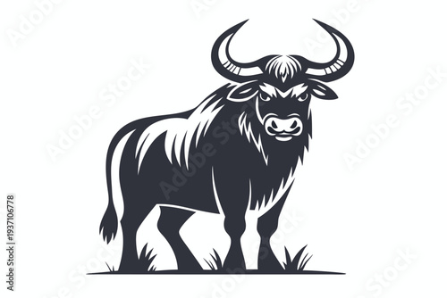 Bold bull stands strong with its prominent horns showcased in stark black silhouette