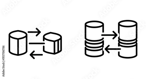 Data integration and synchronization icons, showing the transfer and alignment of information between different systems.