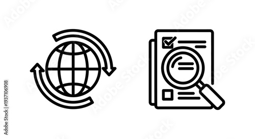 App walkthrough icons: globe with arrows for app walkthrough and checklist with magnifying glass for walkthrough steps, illustrating user guides and navigation processes.
