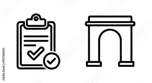 Quality control icons: clipboard with checkmarks for data quality check and an archway for quality gate, representing assurance, standards, and verification processes.