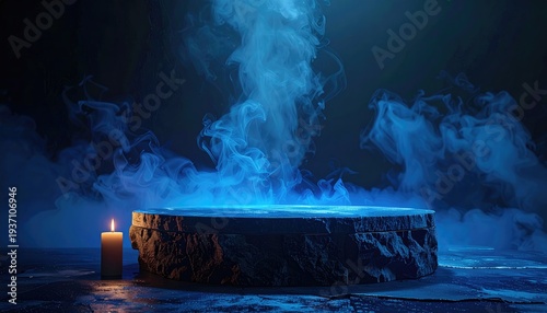 Mystical circular podium glowing with ethereal blue smoke and a single candle.