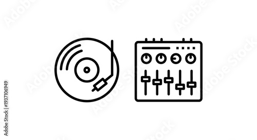 Music production icons: vinyl record for recording and mixer console for mix recording, representing audio creation, DJing, and sound mixing processes.