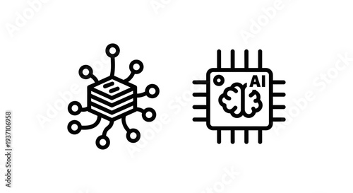 Icon set for Artificial Intelligence and Machine Learning concepts, symbolizing neural networks and microchips.