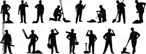 Construction workers silhouette set, builder, engineer, laborer with tools, shovel, helmet, work poses, construction industry workers