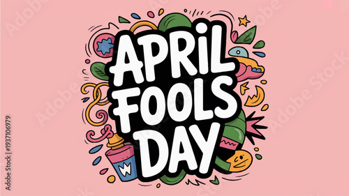 April fools day celebration concept with colorful illustrations on pink background