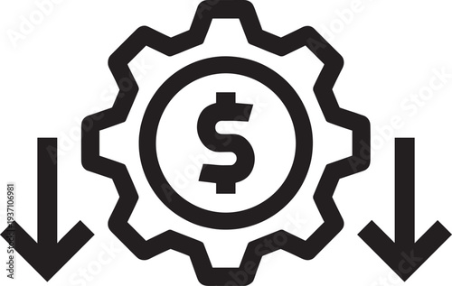 Gear mechanism with dollar sign center and downward arrows, symbolizing cost reduction, money decrease, financial decline, expense drop and budget reduction vector illustration.