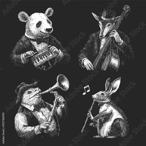 Set of funny cartoon animals. Animals playing musical instruments set, musician animals cartoon characters. Sketch scratch board imitation