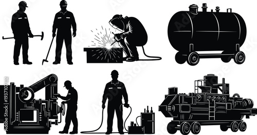 Industrial workers operating heavy machinery welding metal and handling equipment for manufacturing engineering and energy sector production site concepts