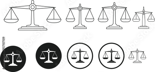Vector Collection of Scales of Justice Icons Representing Law Court Ethics and Legal Balance with Minimalist Line Art and Solid Circular Graphic Symbols