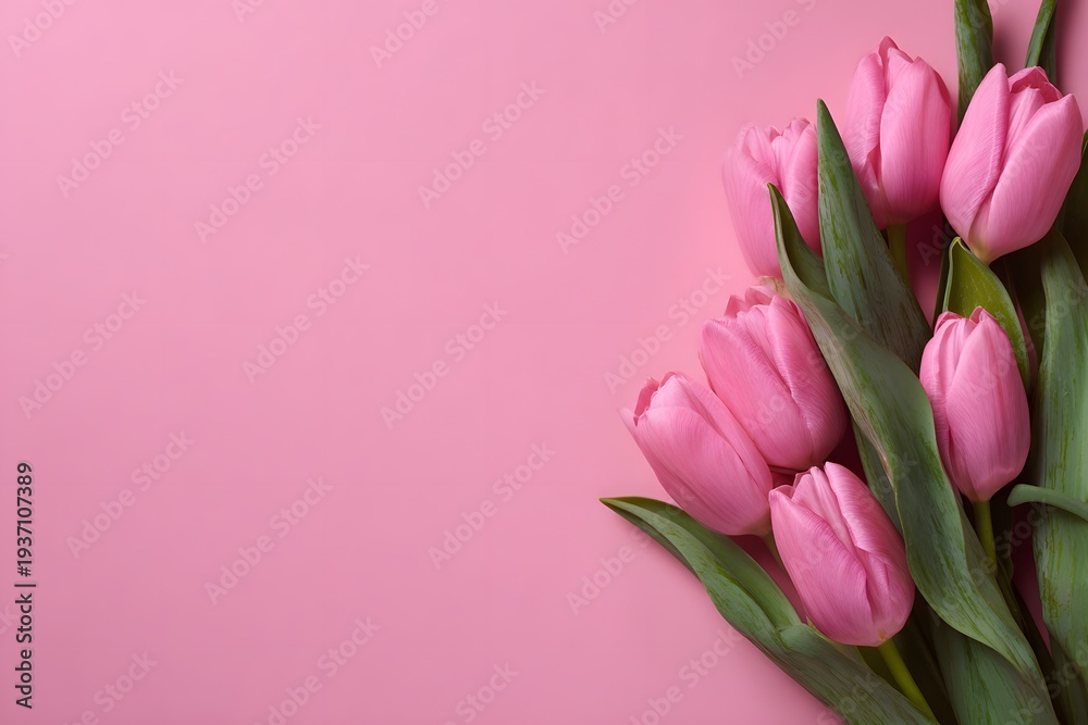 Fototapeta premium Vibrant pink tulips arranged on a matching pink backdrop, creating a simple and elegant composition. These beautiful flowers represent spring and freshness