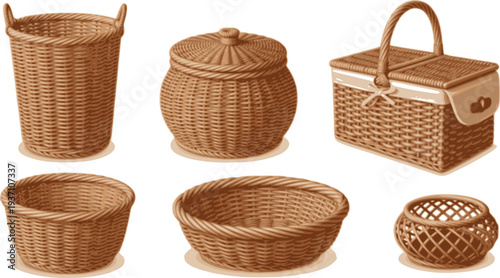 Wicker basket vector realistic set icon. Vector illustration basketry on white background. Isolated realistic set icon wicker basket .
