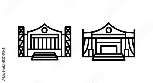 Concert stage and festival tent icons, representing music events, outdoor festival, performance stage, audience, celebration, entertainment, live music, summer