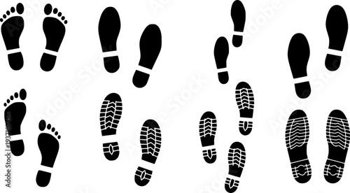 Footprint icon. Human barefoot or shoes footsteps. Foot track silhouettes. Boot and sneaker sole prints. Footwear trail shapes. Leg traces collection. Feet imprint. Vector symbol set See Less
