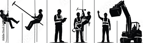 Industrial workers performing high altitude rope access maintenance and operating heavy excavator machinery for specialized construction and engineering projects