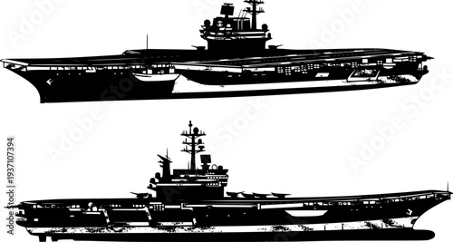 Set of 2 Aircraft Carrier Silhouette Vector Illustration Bundle isolated on white background
