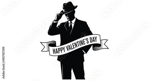 A silhouetted man in a suit and hat tipping his hat with a valentine s day banner