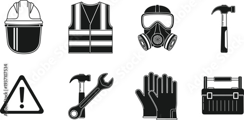 Set of Black Silhouette Icons Representing Safety and Construction Tools Keywords: safety, construction, tools, helmet, vest