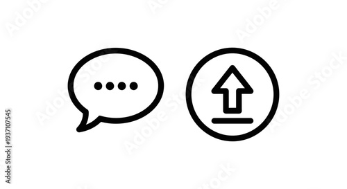 Speech bubble with ellipsis and an upload arrow icon, symbolizing communication, sending messages, and digital content submission.