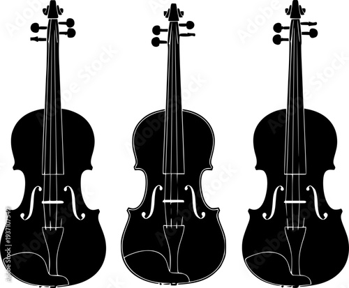 Set of three black silhouettes of violins isolated on a white background. Vector illustration.
