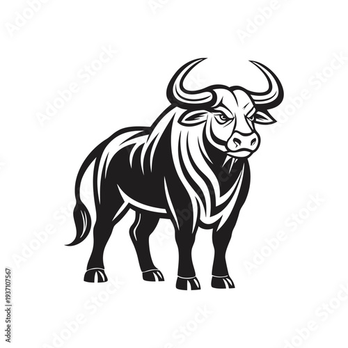 Tattoo style bull stands powerfully, showcasing its big horns and muscular build