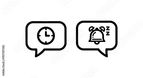 Speech bubbles with a clock face and a sleeping alarm bell, symbolizing time management, reminders, and notification settings.