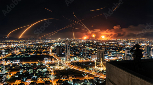 Air defense systems intercepting missiles over city at night, aerial warfare, iron dome technology, urban conflict, military defense, rocket fire, explosions in sky, global war.