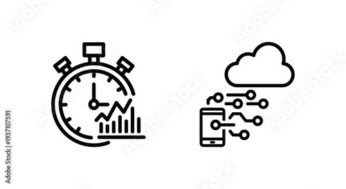 Real-time analytics icon with a stopwatch and bar chart, and edge streaming icon with a phone and cloud, representing data processing and connectivity.