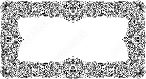 A filigree heraldic crest motif floral pattern border frame. Original design in a vintage style.
