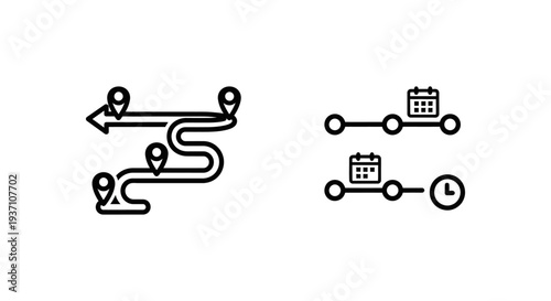 Route history winding path with map pins and activity history timeline with calendar and clock icons, illustrating travel and chronological logs. Vector graphics.