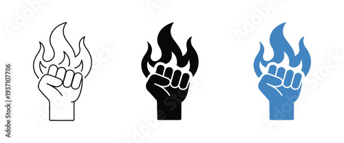 Empowerment and strength icon, raised fist with flame, symbolizing power, motivation, inner energy, leadership, personal growth, confidence