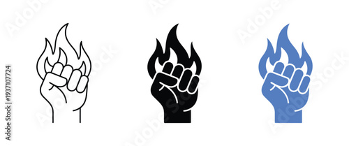 Empowerment and strength icon, raised fist with flame, symbolizing power, motivation, inner energy, leadership, personal growth, confidence