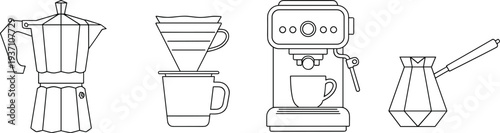 Vector line art set of coffee brewing equipment featuring a Moka pot, pour over dripper, espresso machine, and Turkish cezve coffee maker icons.
