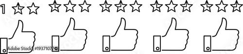 Vector line art set of customer rating icons featuring five stars with thumbs up symbols for feedback, satisfaction, quality review, and user experience.