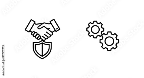Business partnership and affiliate support icons: handshake with shield and gears, representing collaboration, security, and teamwork