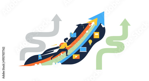 Continuous Learning and Career Growth Path. Determined Person Running Up Success Arrow with Education and Knowledge Icons. Flat Vector Illustration.