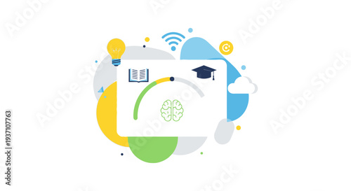 Digital Learning Progress Gauge Vector Illustration. Education, Knowledge, and Idea Development Dashboard with Brain Icon and Graduation Cap.