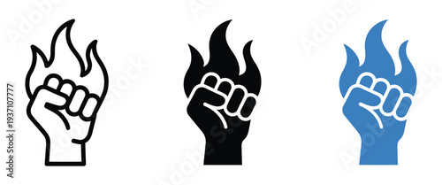 Empowerment and strength icon, raised fist with flame, symbolizing power, motivation, inner energy, leadership, personal growth, confidence