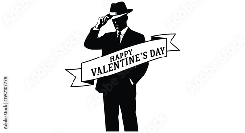 A sharply dressed man in a fedora tipping his hat with a valentine s day banner