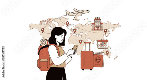 Woman with travel gear checks phone near world map and luggage for trip planning