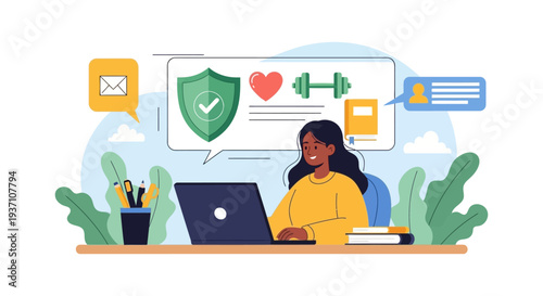 Digital Well-being Management: Woman Tracking Health, Security, and Personal Goals Online on Laptop. Flat Vector Illustration for Benefits and Wellness App.