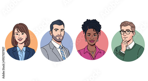 Diverse group of professionals with friendly expressions in colorful circles