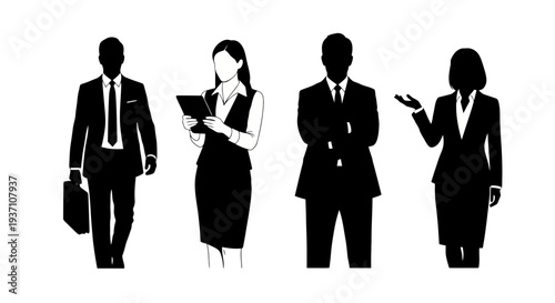 Professionals in business attire interacting in a modern office setting