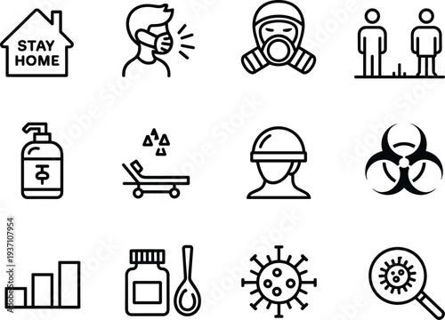 Coronavirus prevention medical safety icon set, stay home, face mask, sanitizer, biohazard, virus, healthcare pandemic protection hospital quarantine distance awareness