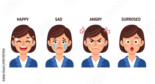 Woman expressing different emotions with various facial expressions