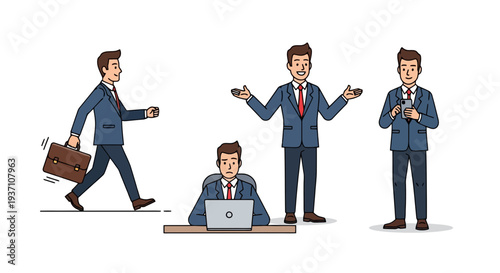 Businessman in various professional settings and poses with laptop and briefcase