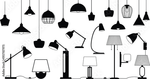 Versatile black lighting silhouette collection featuring modern desk lamps, hanging pendant lights, and floor lamps for interior design catalogs, home decor logos, and furniture icons.